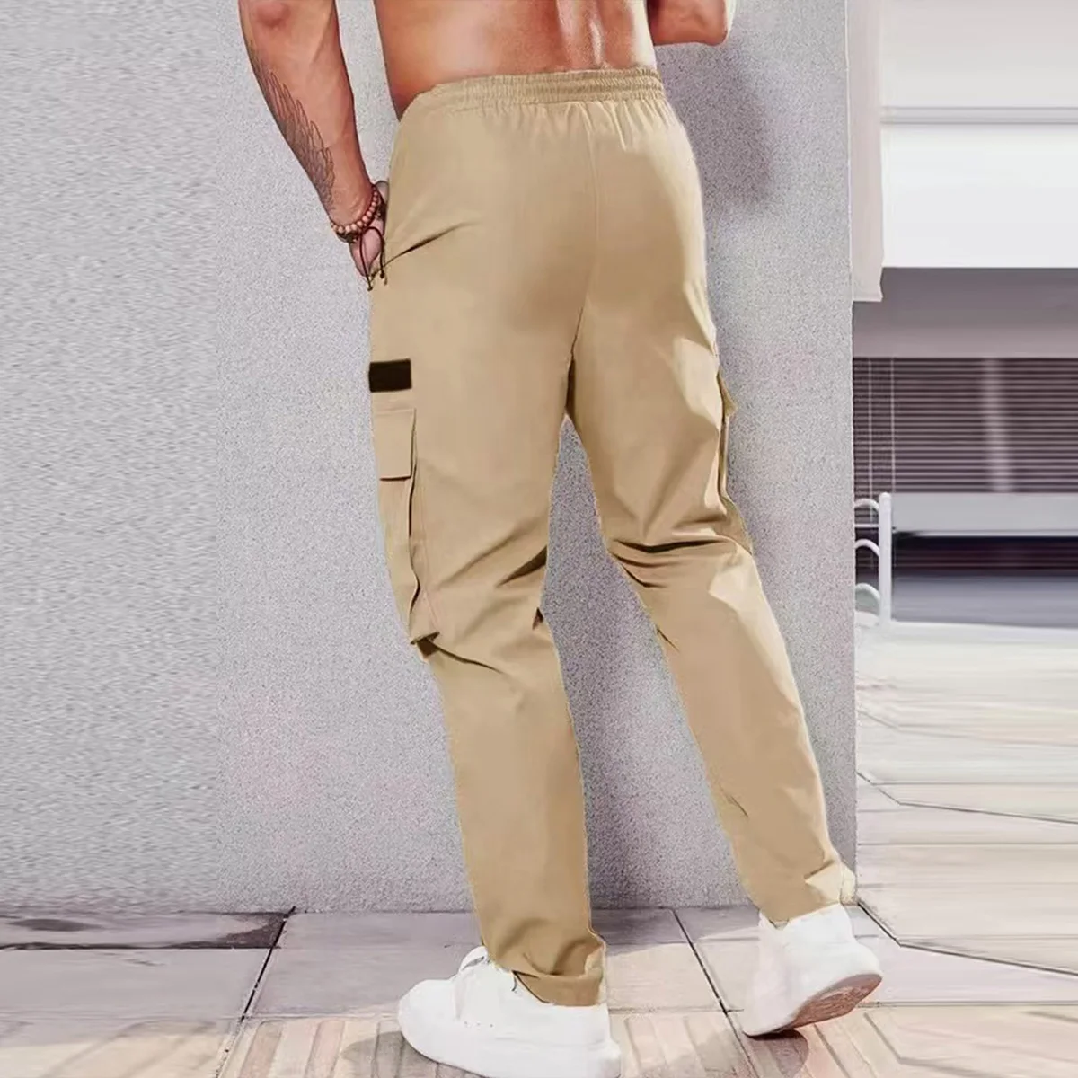 Men's Spring/Summer New Multi-pocket Quick-dry Straight-leg Cargo Pants, Waterproof Fabric with Drawstring Design - Image 2