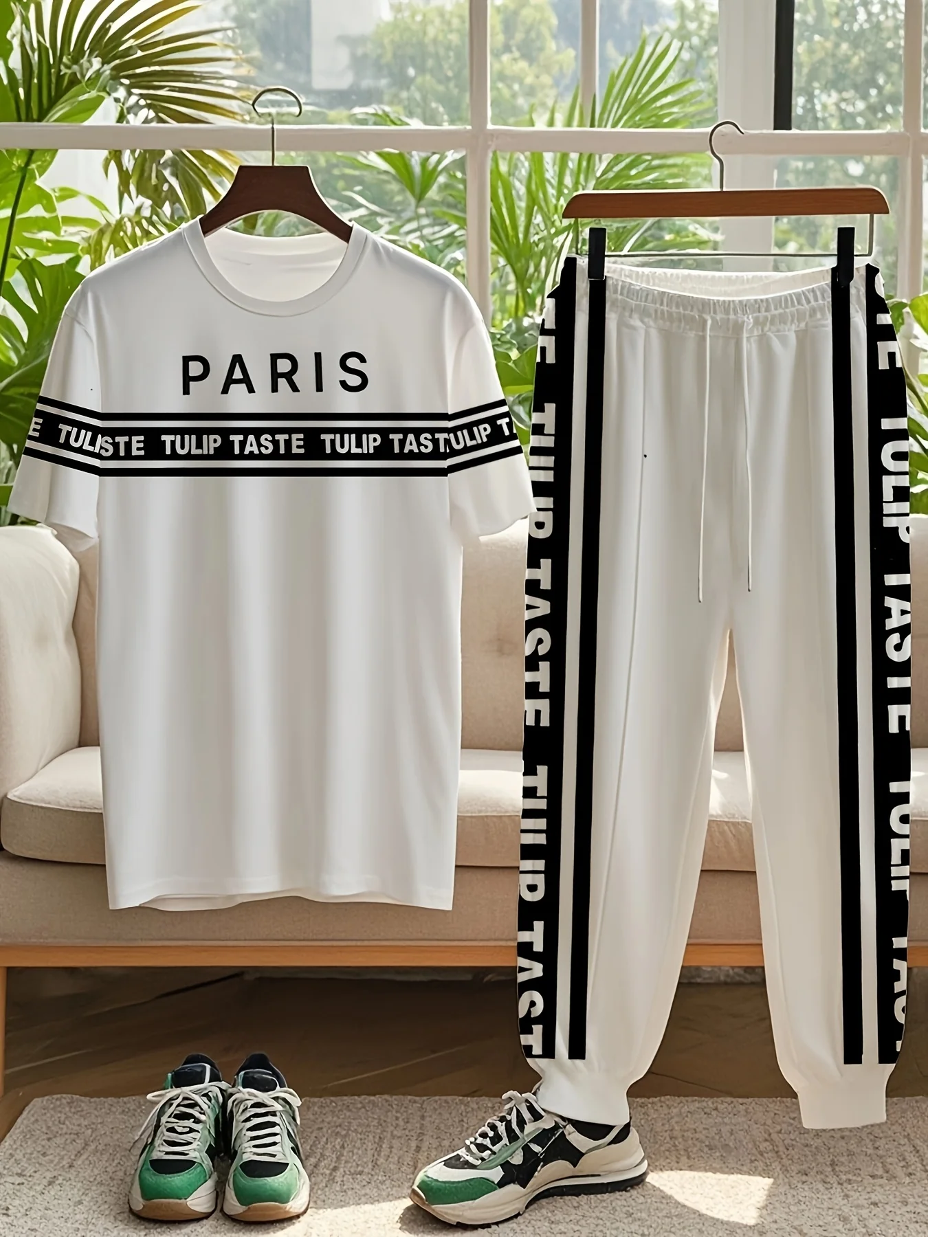 Summer men's letter striped printed breathable soft round neck T-shirt and pants set outdoor casual edition two-piece set