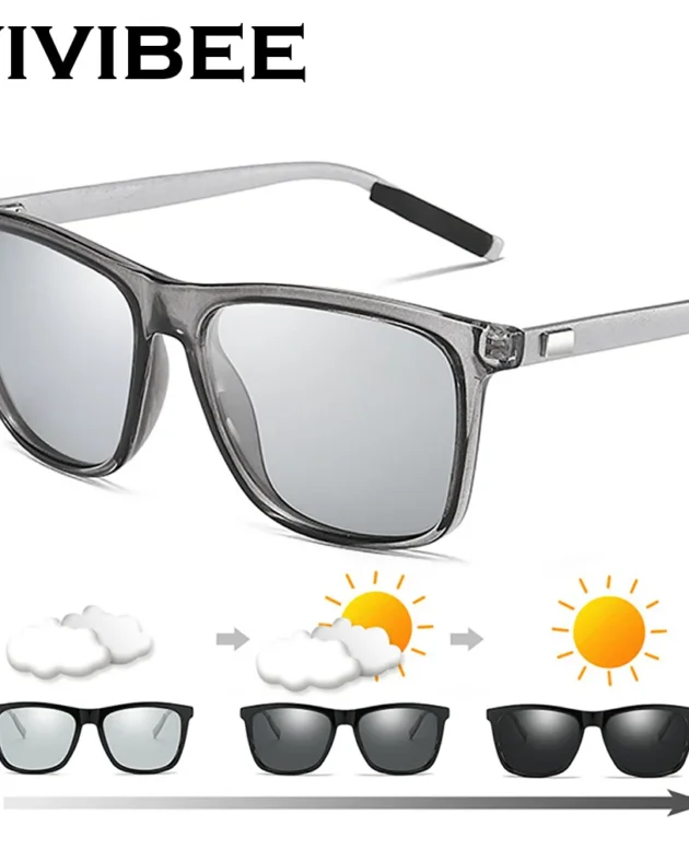 VIVIBEE Color Change Grey Frame Photochromic Polarized Sunglasses Men Square Classic Chameleon Glaases Transition Lens Eyewear