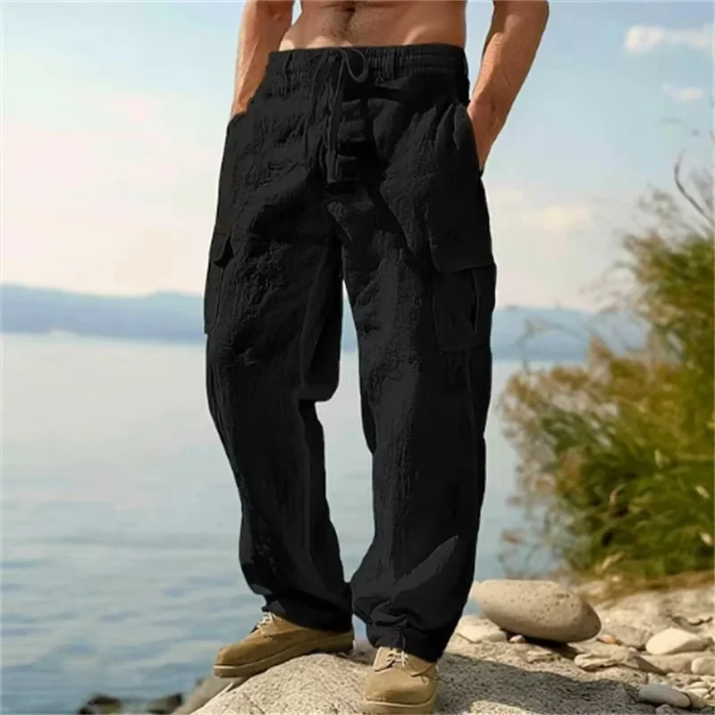 Men's Casual Trousers Loose Comfortable cargo pants Pants Man Cotton Linen multi-pocket Straight trousers Beach thin men Pants - Image 3