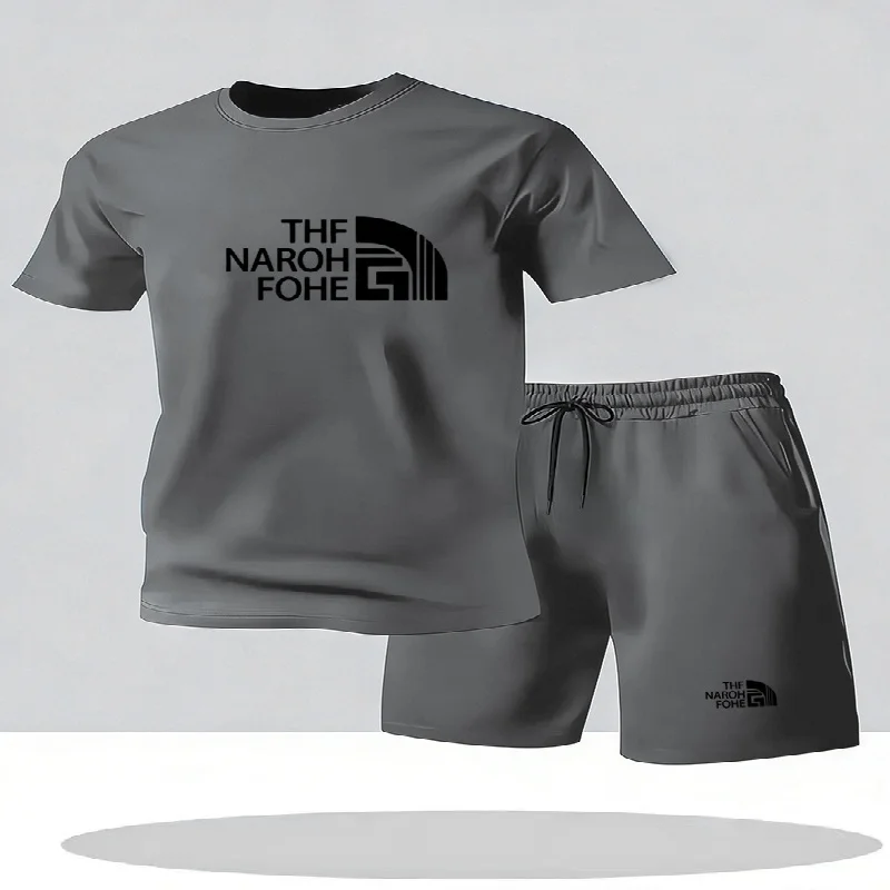 Fashionable summer casual short sleeved T-shirt and shorts set round neck men's short sleeved breathable sports set two-piece