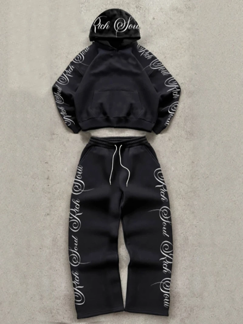 2-Piece Set Men's Trendy Street Style Floral Letter Print Hooded Zip-Up Sweatshirt and Pants Set Casual Hoodie Sports Pants