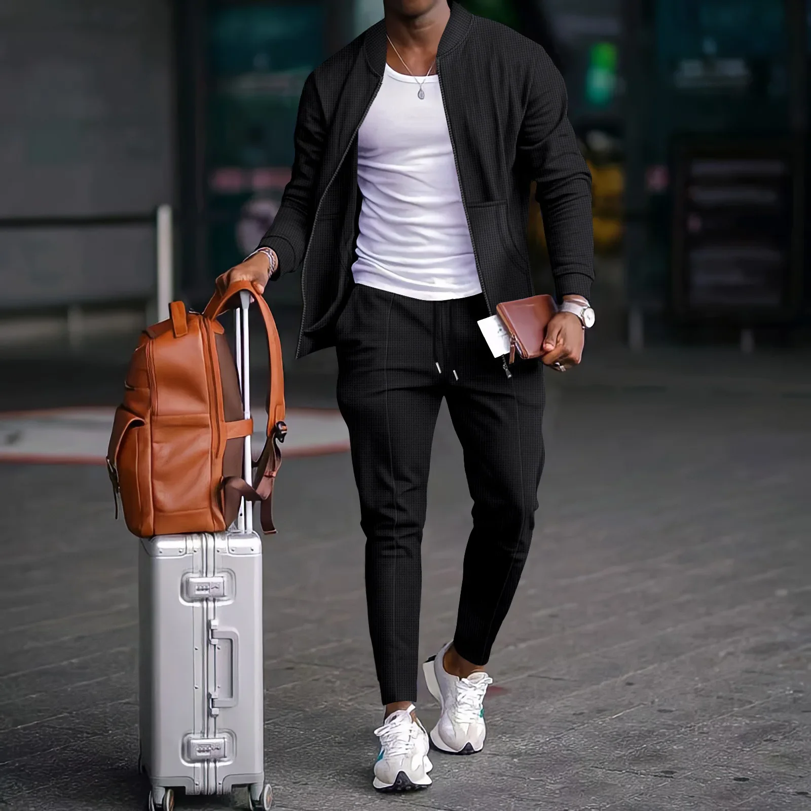 Men's Spring Casual Blazer Set Waffle Baseball Suit round Neck Zipper Long Sleeve Two-Piece Fashion Outfit with Pocket