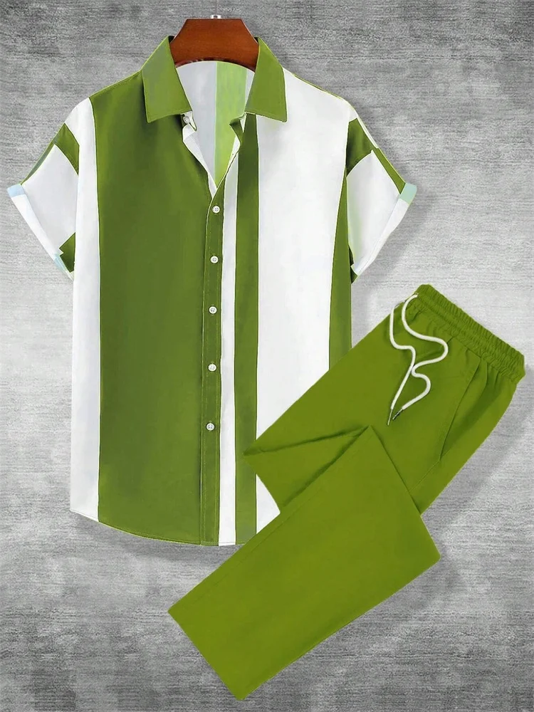 2025 Autumn Simple Striped 3D Printed Men's Autumn Shirt Set, Urban Street Fashion Trend Men's 2pcs Set, Simple And Casual
