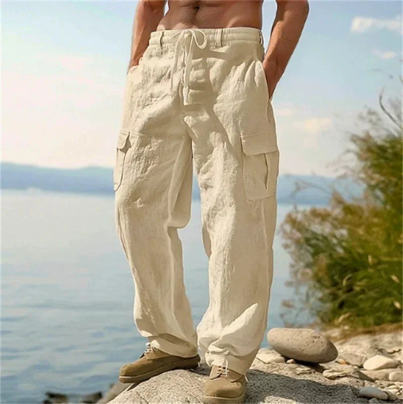 Men's Casual Trousers Loose Comfortable cargo pants Pants Man Cotton Linen multi-pocket Straight trousers Beach thin men Pants - Image 6