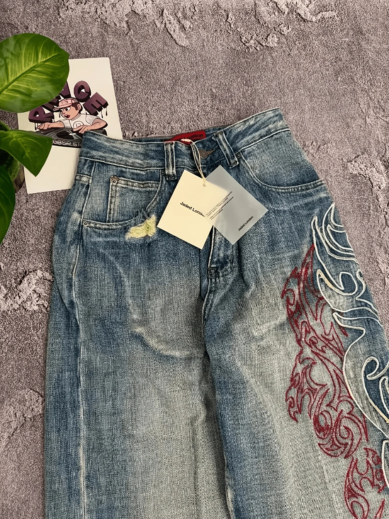Men's Loose Fit Wide Leg Jeans Tribal Flame Embroidery Vintage Washed Denim Pants Streetwear Daily Wear - Image 2