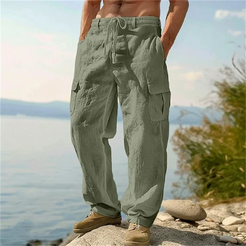Men's Casual Trousers Loose Comfortable cargo pants Pants Man Cotton Linen multi-pocket Straight trousers Beach thin men Pants - Image 2