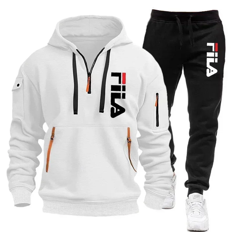2026 Autumn and winter new men's multi pocket zipper hooded sports shirt+pants two-piece set, men's casual pullover sports set