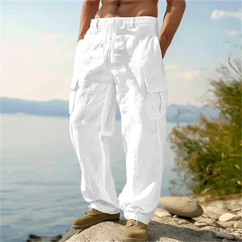 Men's Casual Trousers Loose Comfortable cargo pants Pants Man Cotton Linen multi-pocket Straight trousers Beach thin men Pants - Image 4