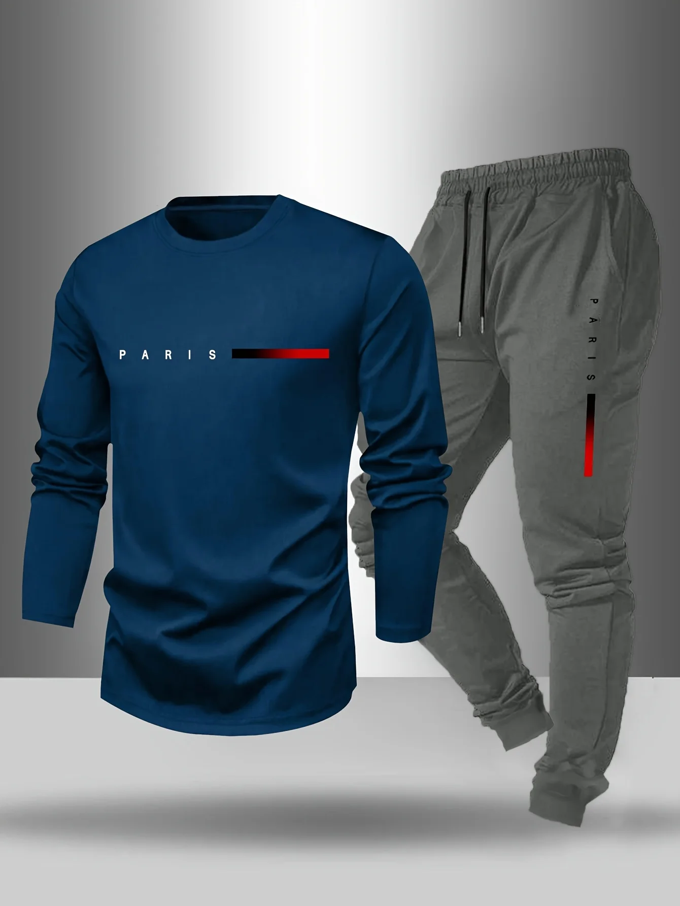 Men's Spring and Autumn Paris Letter Printed Round Neck Long Sleeved T-shirt Outdoor Casual Sports Pants Set 2-piece Set