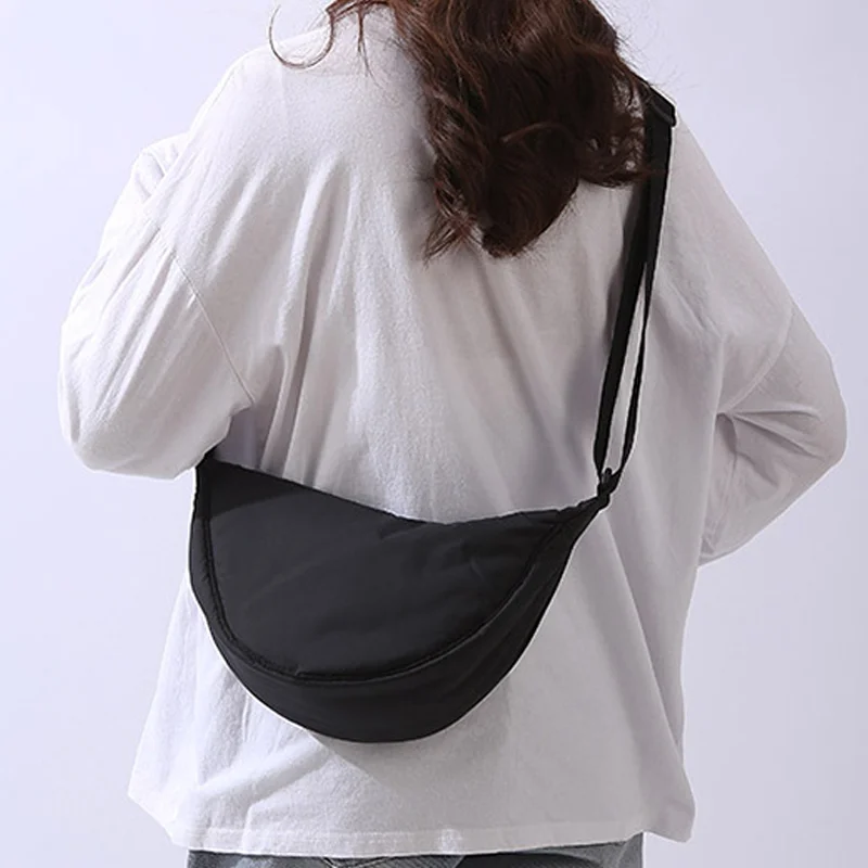 Solid Color Women's Portable Shoulder Bag Simple Female Nylon Cloth Padded Crossbody Bags Travel Purse Handbags Messenger Bag