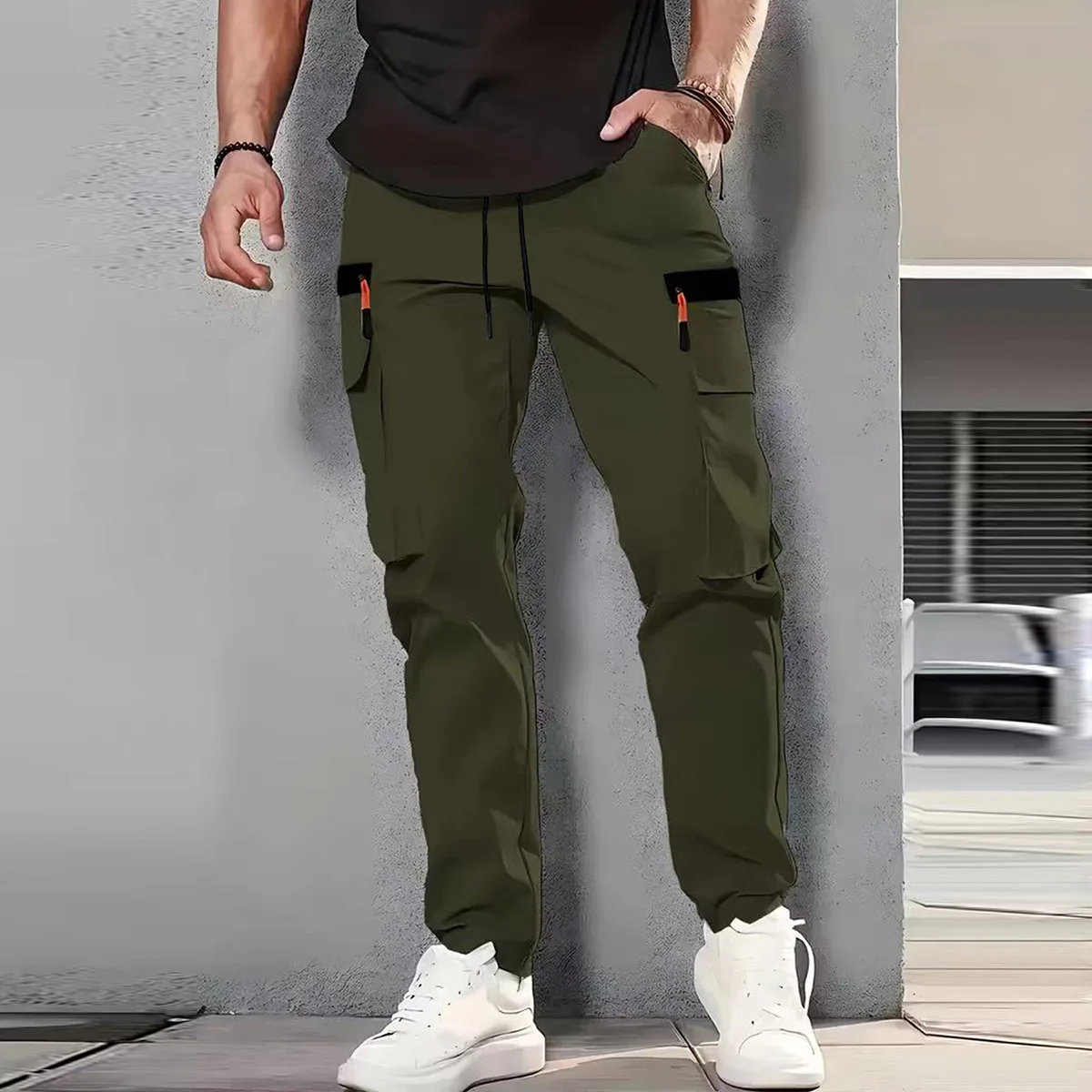 Men's Spring/Summer New Multi-pocket Quick-dry Straight-leg Cargo Pants, Waterproof Fabric with Drawstring Design - Image 3
