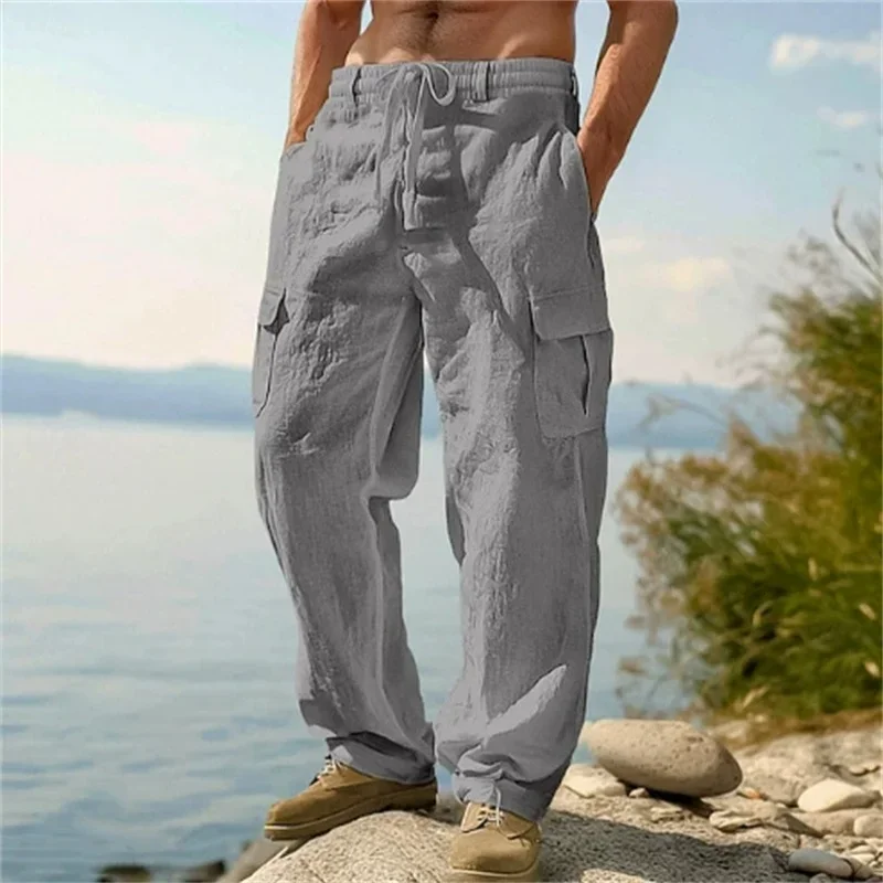 Men's Casual Trousers Loose Comfortable cargo pants Pants Man Cotton Linen multi-pocket Straight trousers Beach thin men Pants - Image 5
