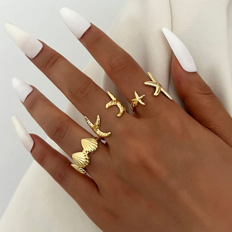 Punk Starfish Scallop Adjustable Open Rings Set for Women Trendy Geometric Gold Color Metal Irregular Ring Summer Beach Jewelry