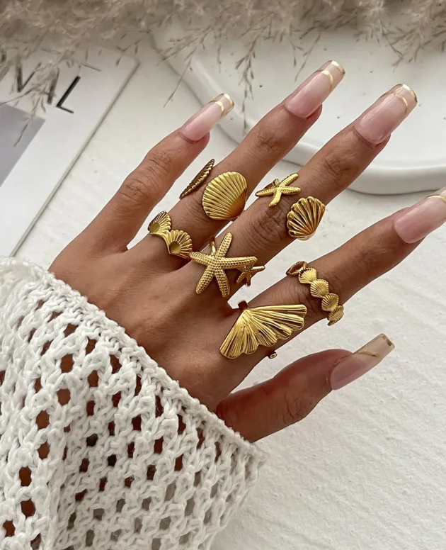 Ocean Starfish Shell Open Ring Set For Women Gold Color Stainless Steel Finger Rings Summer Beach Aesthetic Waterproof Jewelry