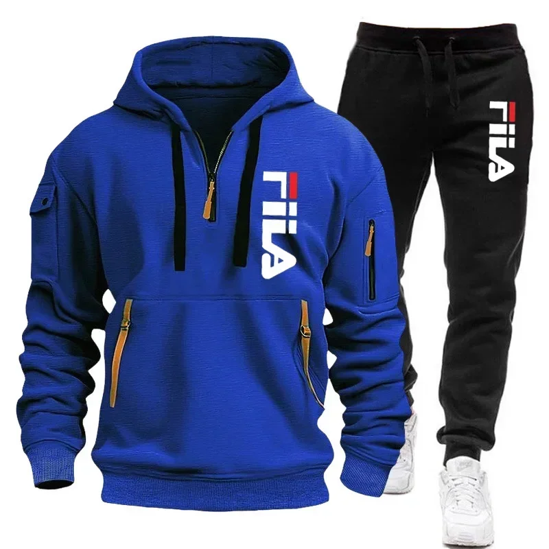 2026 Autumn and winter new men's multi pocket zipper hooded sports shirt+pants two-piece set, men's casual pullover sports set - Image 6