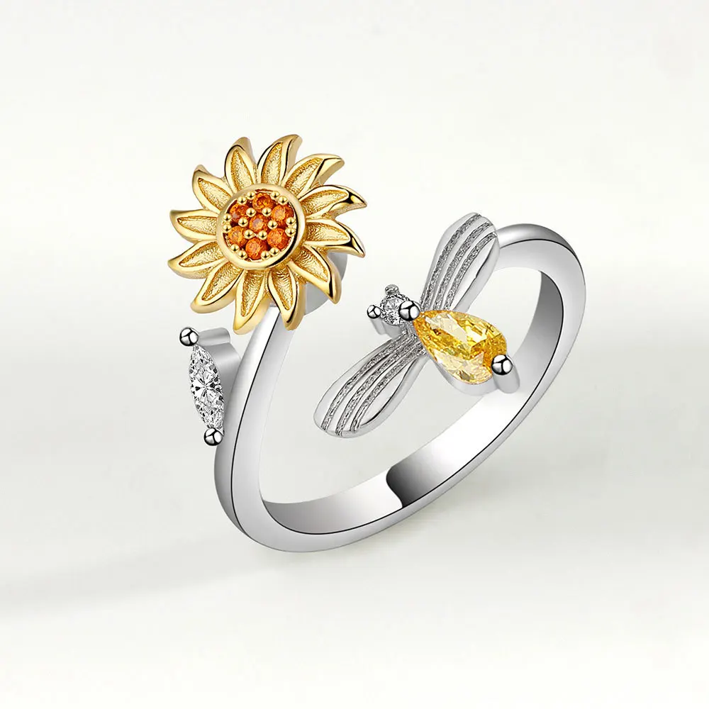 VENTFILLE 925 Sterling Silver Sunflower Diamond Zircon Rotatable Ring For Women Gift Relieve Stress Ring Jewelry Wholesale - Image 3