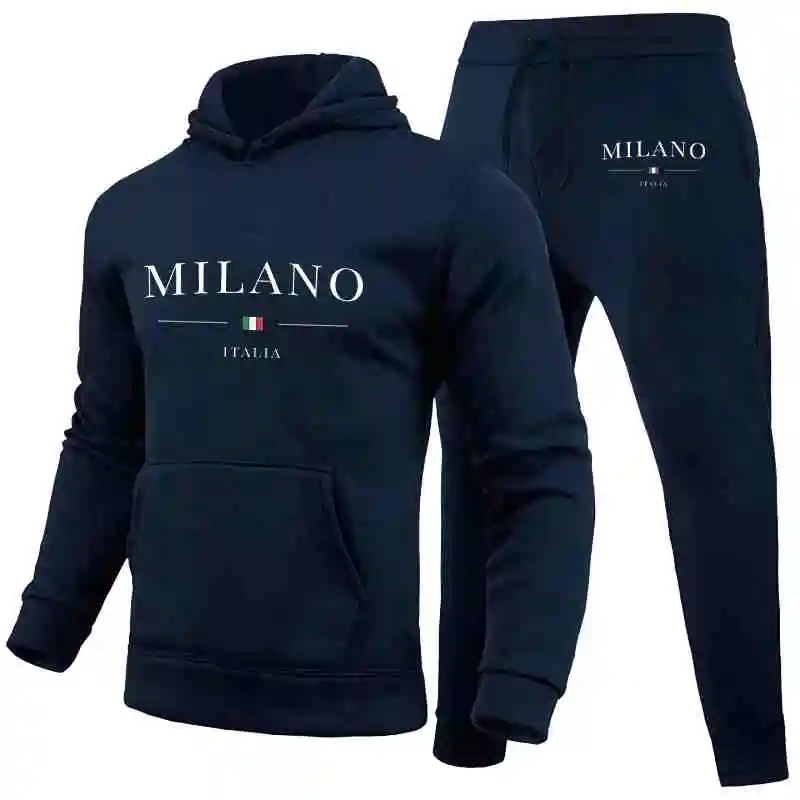 Men's Sports Hoodie Set Luxury Milan Print Sweatshirt Sweatpants Men's Hooded Top Jogger Pants Set Casual Streetwear Sportswear - Image 2