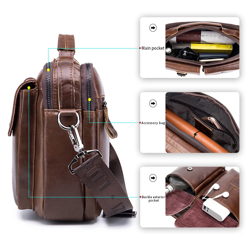 Men's genuine leather shoulder bag, retro top layer cowhide casual crossbody bag, men's crossbody square bag - Image 5