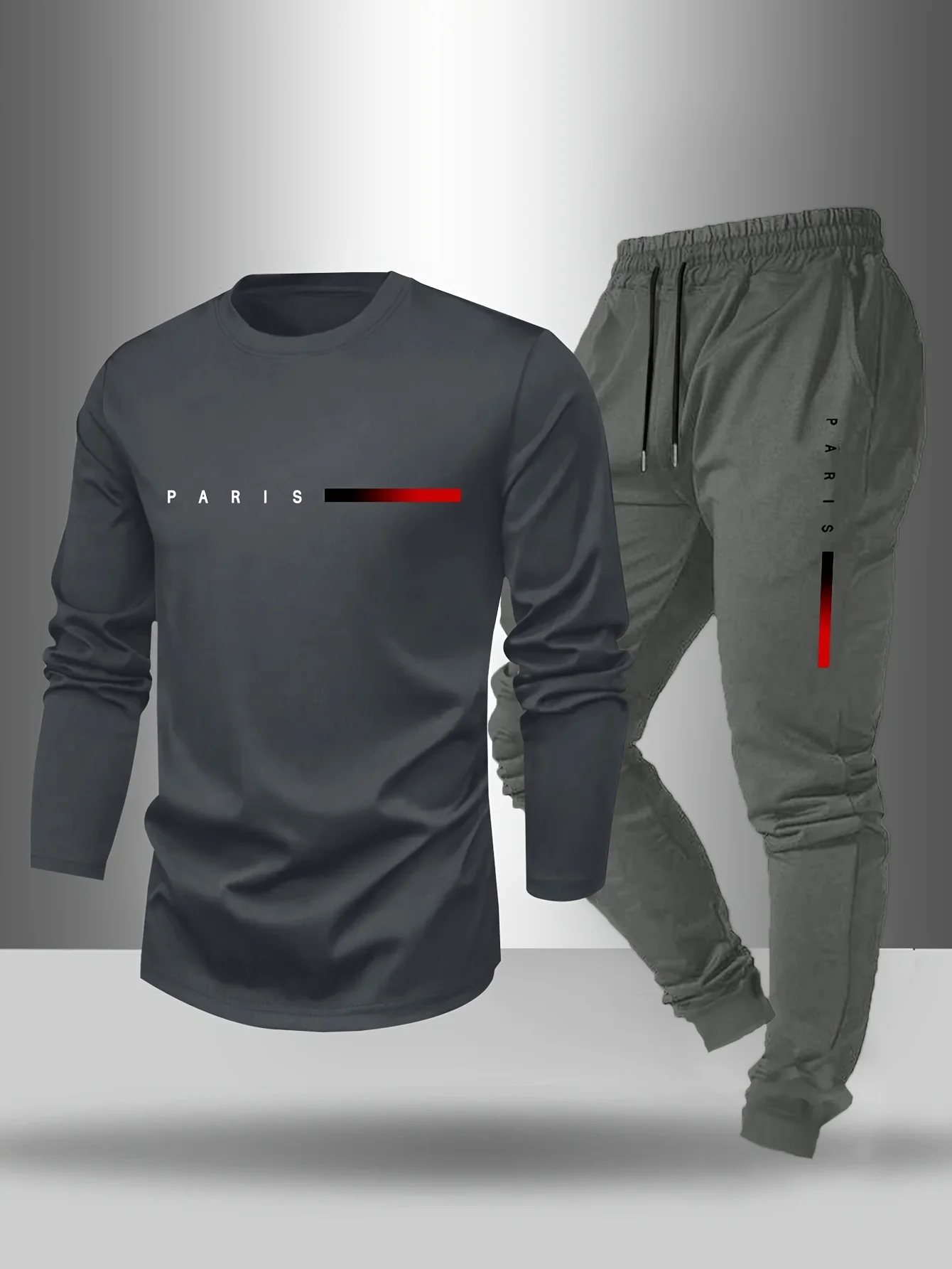 Men's Spring and Autumn Paris Letter Printed Round Neck Long Sleeved T-shirt Outdoor Casual Sports Pants Set 2-piece Set - Image 2