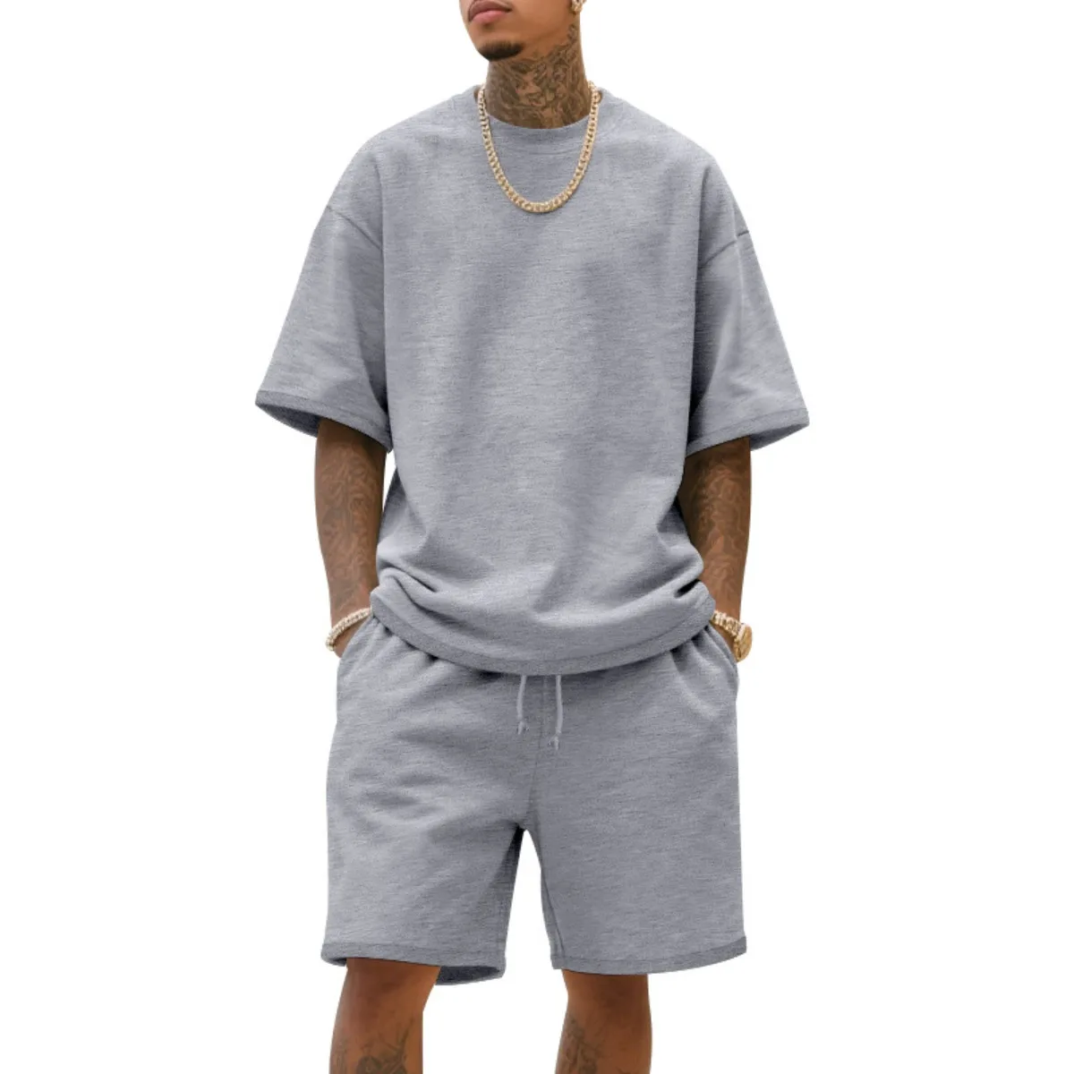 2025 100% Cotton Men's Summer American-Style Loose High Street Hip-Hop Sport Short-Sleeved Set with Shorts - Image 2