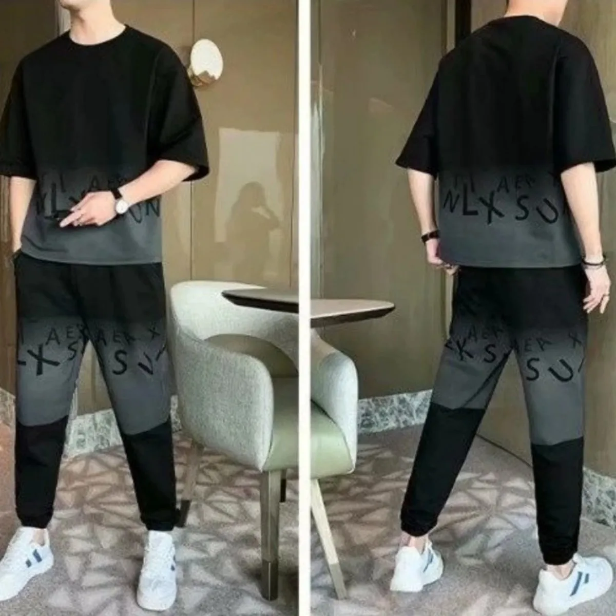 Summer men's gradient letter print pattern breathable round neck T-shirt pants set outdoor casual two-piece set - Image 4
