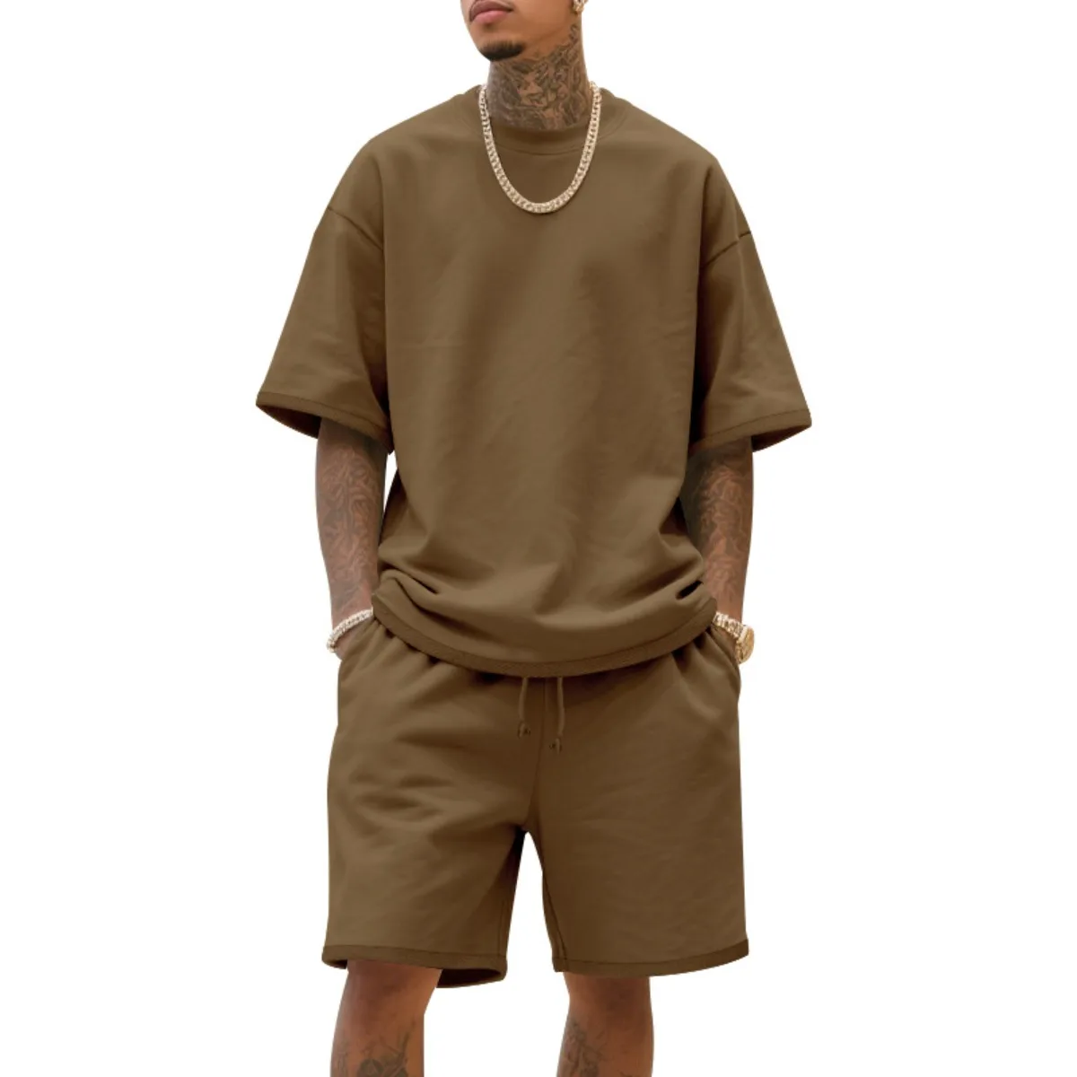 2025 100% Cotton Men's Summer American-Style Loose High Street Hip-Hop Sport Short-Sleeved Set with Shorts - Image 4