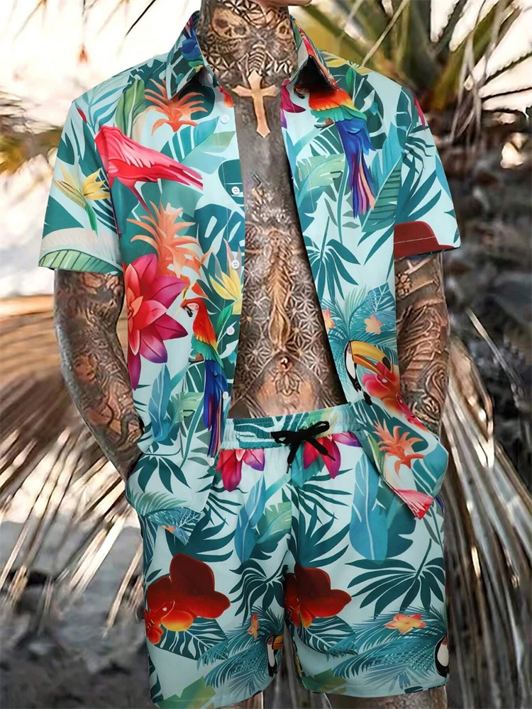 Men's New Hawaiian Short-Sleeved Shirt Shorts Set Summer Daily Travel Shirt Beach Casual Drawstring Shorts Jungle Print Set - Image 4