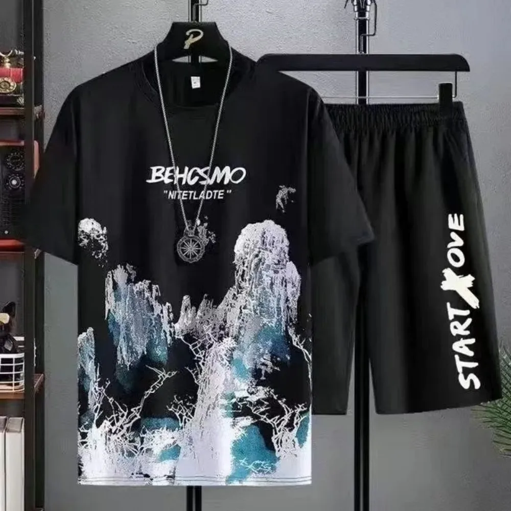 2025 New Summer Casual Men's Breathable Manga Graffiti Round Neck T-shirt Shorts Set Outdoor Leisure Sports Set - Image 3