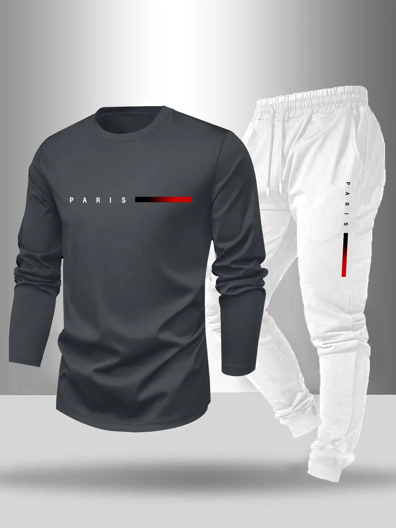Men's Spring and Autumn Paris Letter Printed Round Neck Long Sleeved T-shirt Outdoor Casual Sports Pants Set 2-piece Set - Image 4