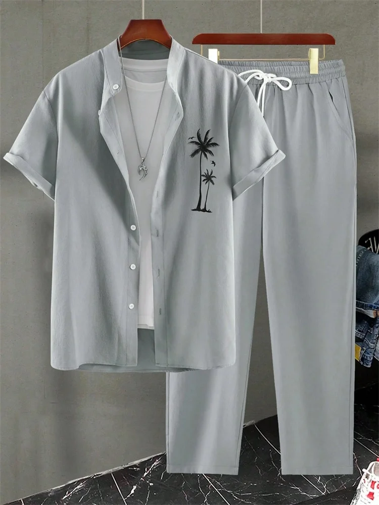 2025 Autumn Simple Striped 3D Printed Men's Autumn Shirt Set, Urban Street Fashion Trend Men's 2pcs Set, Simple And Casual - Image 4