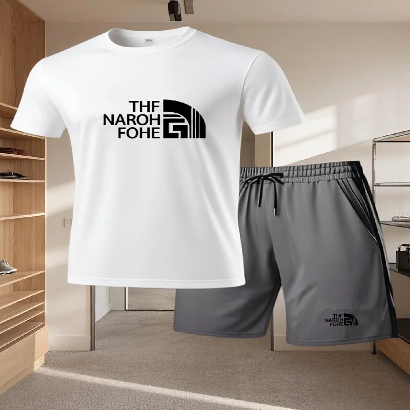 Fashionable summer casual short sleeved T-shirt and shorts set round neck men's short sleeved breathable sports set two-piece - Image 3