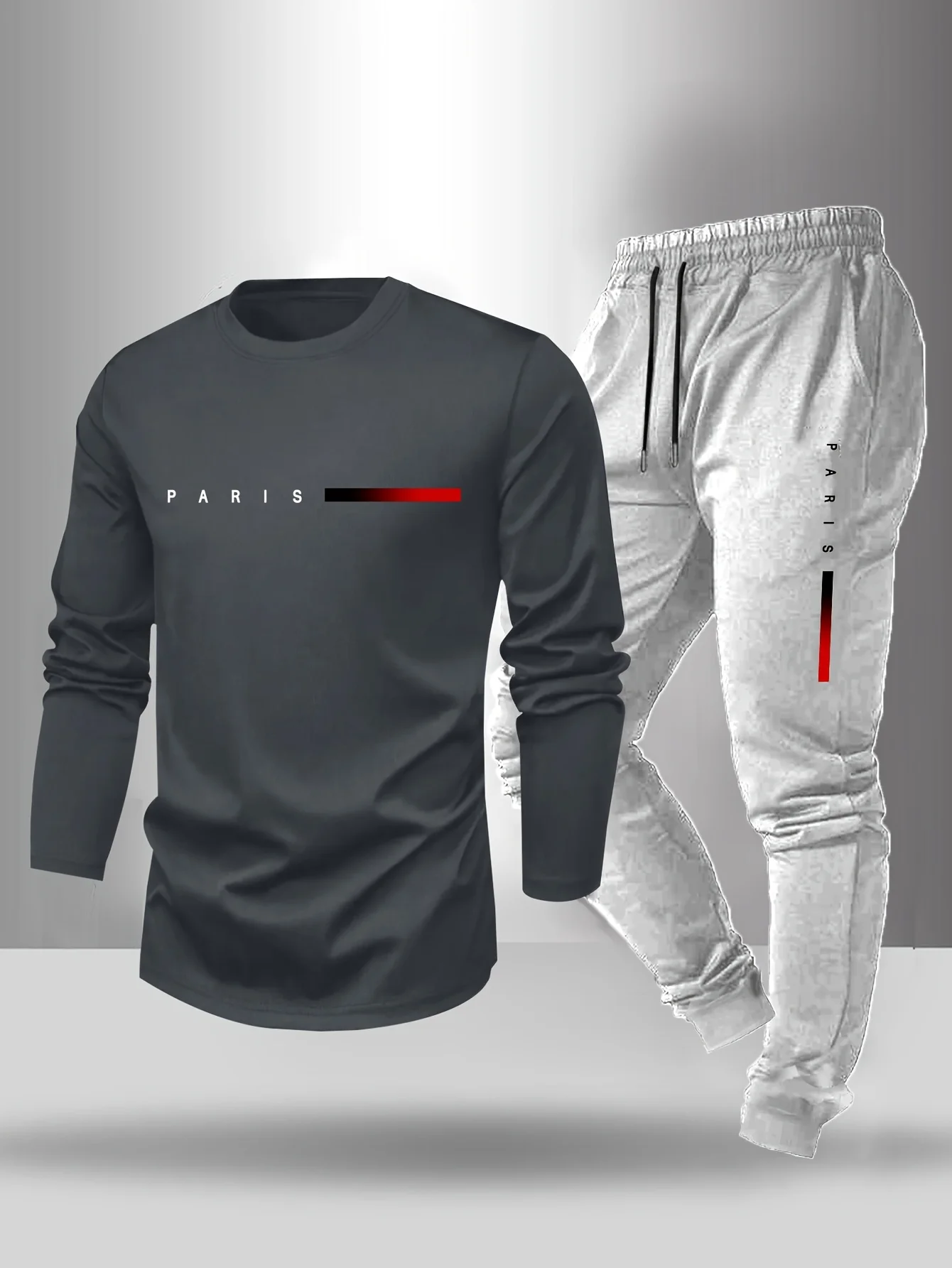 Men's Spring and Autumn Paris Letter Printed Round Neck Long Sleeved T-shirt Outdoor Casual Sports Pants Set 2-piece Set - Image 5