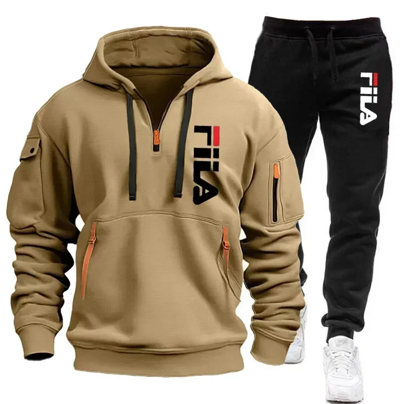2026 Autumn and winter new men's multi pocket zipper hooded sports shirt+pants two-piece set, men's casual pullover sports set - Image 2