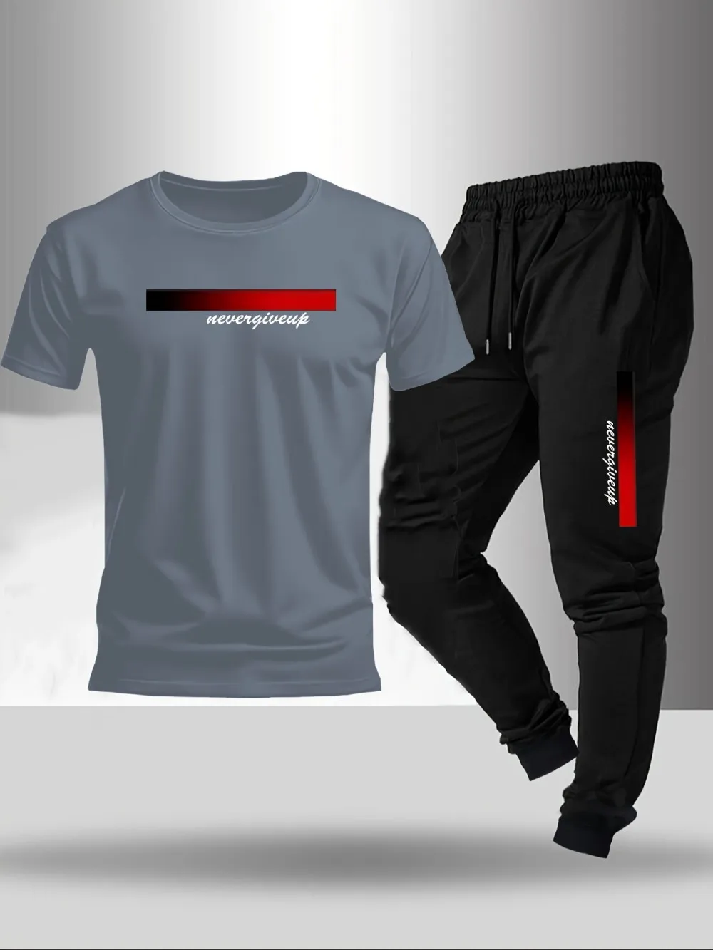 New men's fashionable letter gradient printed breathable T-shirt and drawstring pants set suitable for outdoor casual wear - Image 3