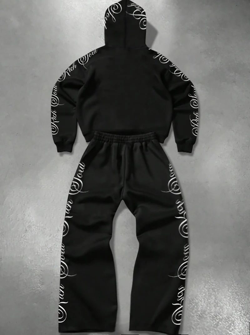 2-Piece Set Men's Trendy Street Style Floral Letter Print Hooded Zip-Up Sweatshirt and Pants Set Casual Hoodie Sports Pants - Image 2