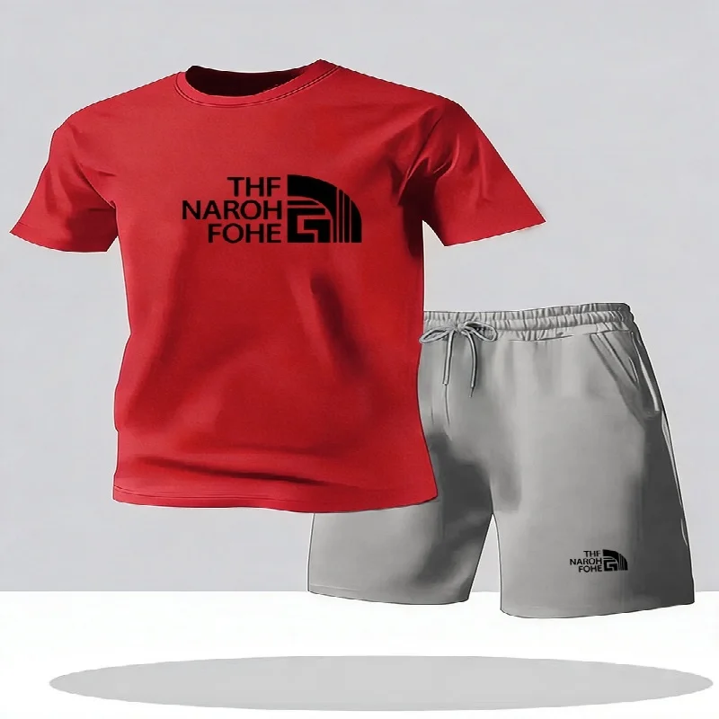 Fashionable summer casual short sleeved T-shirt and shorts set round neck men's short sleeved breathable sports set two-piece - Image 5