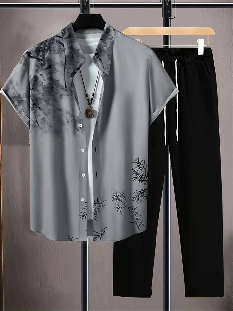 2025 Autumn Simple Striped 3D Printed Men's Autumn Shirt Set, Urban Street Fashion Trend Men's 2pcs Set, Simple And Casual - Image 3