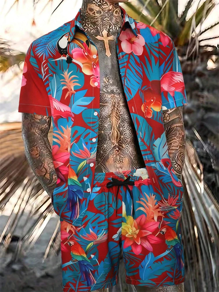 Men's New Hawaiian Short-Sleeved Shirt Shorts Set Summer Daily Travel Shirt Beach Casual Drawstring Shorts Jungle Print Set - Image 3