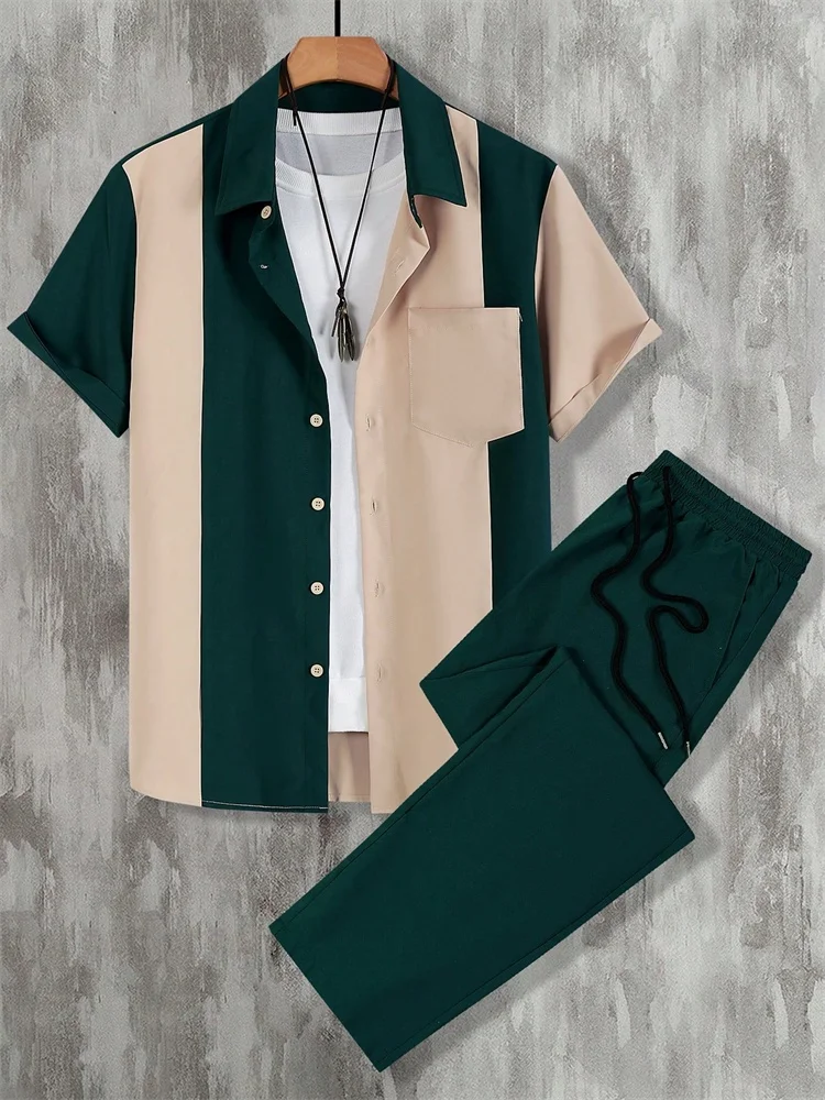 2025 Autumn Simple Striped 3D Printed Men's Autumn Shirt Set, Urban Street Fashion Trend Men's 2pcs Set, Simple And Casual - Image 2