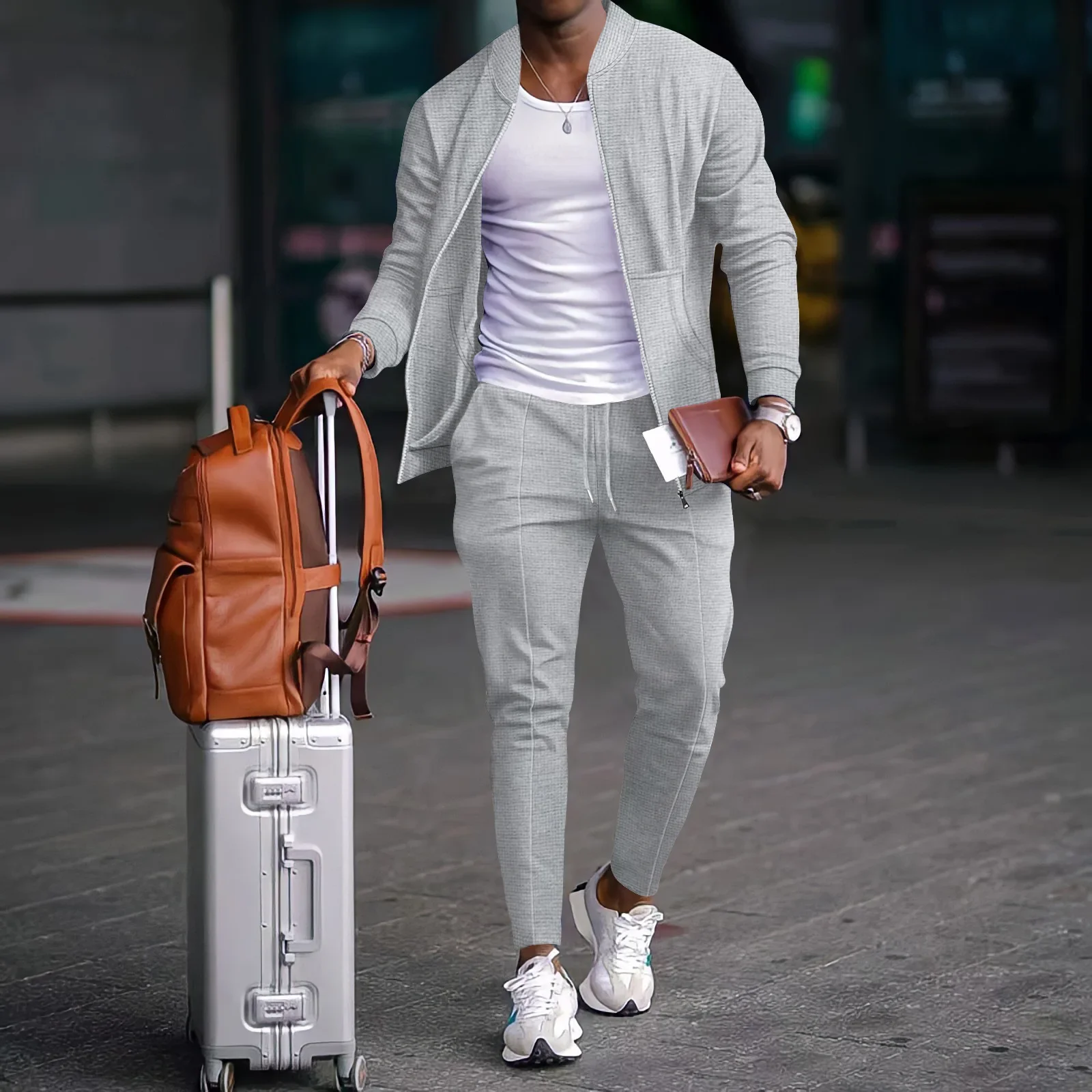 Men's Spring Casual Blazer Set Waffle Baseball Suit round Neck Zipper Long Sleeve Two-Piece Fashion Outfit with Pocket - Image 6
