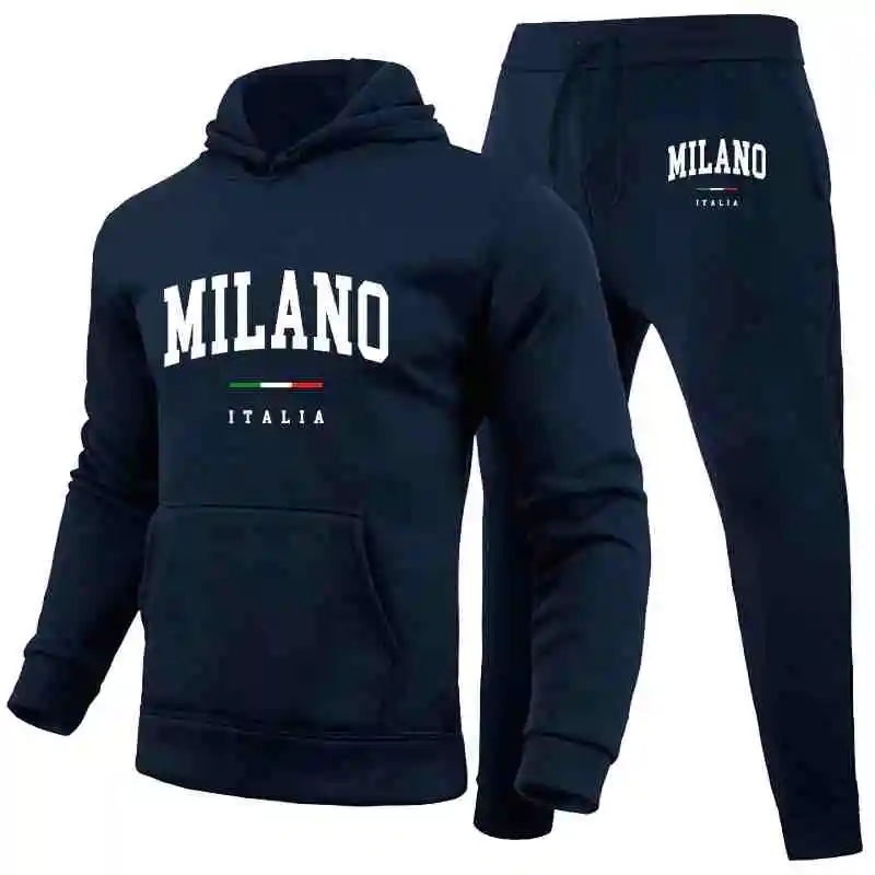 Men's Sports Hoodie Set Luxury Milan Print Sweatshirt Sweatpants Men's Hooded Top Jogger Pants Set Casual Streetwear Sportswear - Image 3