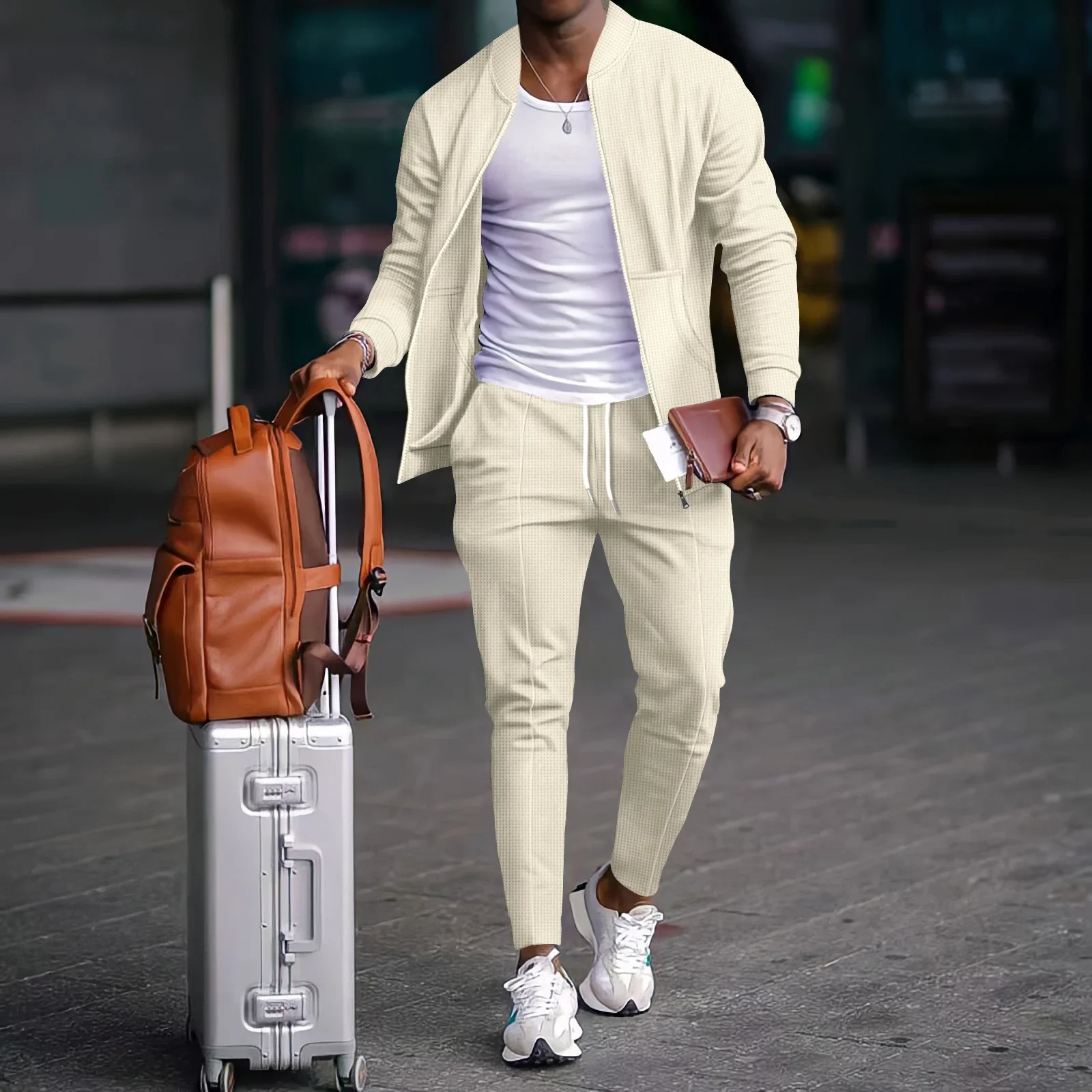 Men's Spring Casual Blazer Set Waffle Baseball Suit round Neck Zipper Long Sleeve Two-Piece Fashion Outfit with Pocket - Image 2