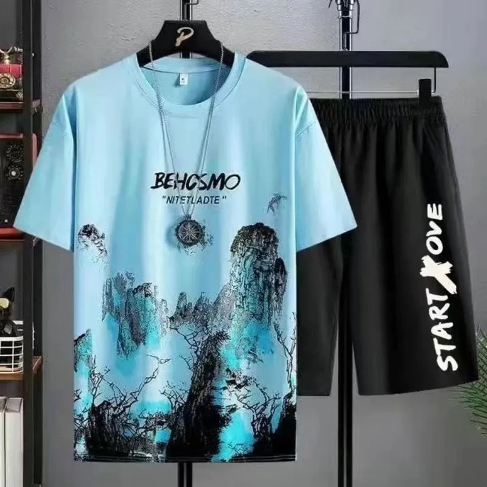 2025 New Summer Casual Men's Breathable Manga Graffiti Round Neck T-shirt Shorts Set Outdoor Leisure Sports Set - Image 5