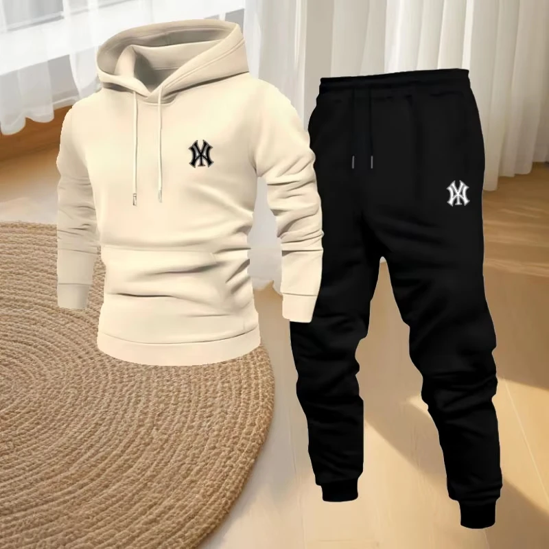 2025 autumn new outdoor fitness and casual sportswear set a fashionable men's hooded pullover and jogging pants two-piece set - Image 3