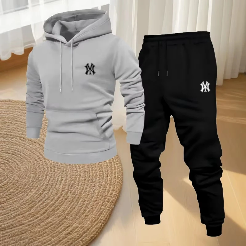 2025 autumn new outdoor fitness and casual sportswear set a fashionable men's hooded pullover and jogging pants two-piece set - Image 2