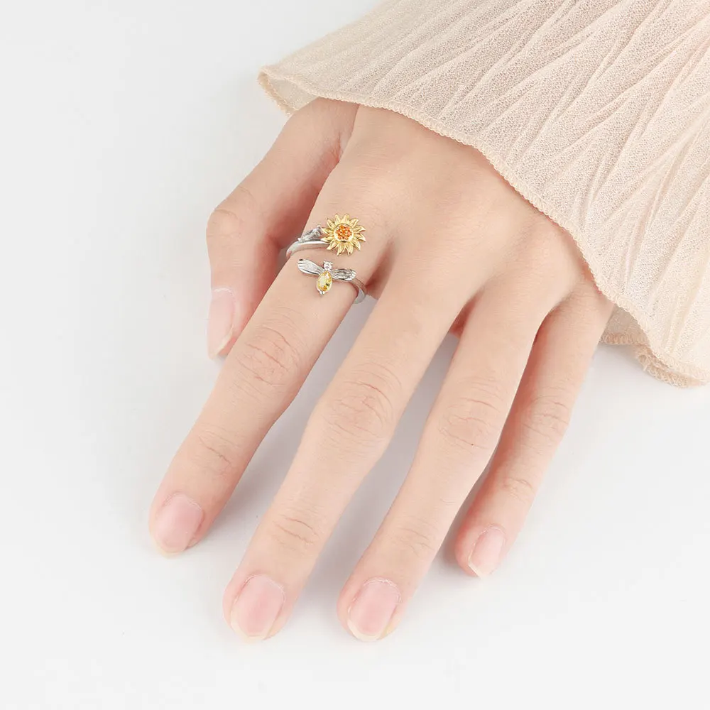 VENTFILLE 925 Sterling Silver Sunflower Diamond Zircon Rotatable Ring For Women Gift Relieve Stress Ring Jewelry Wholesale - Image 2