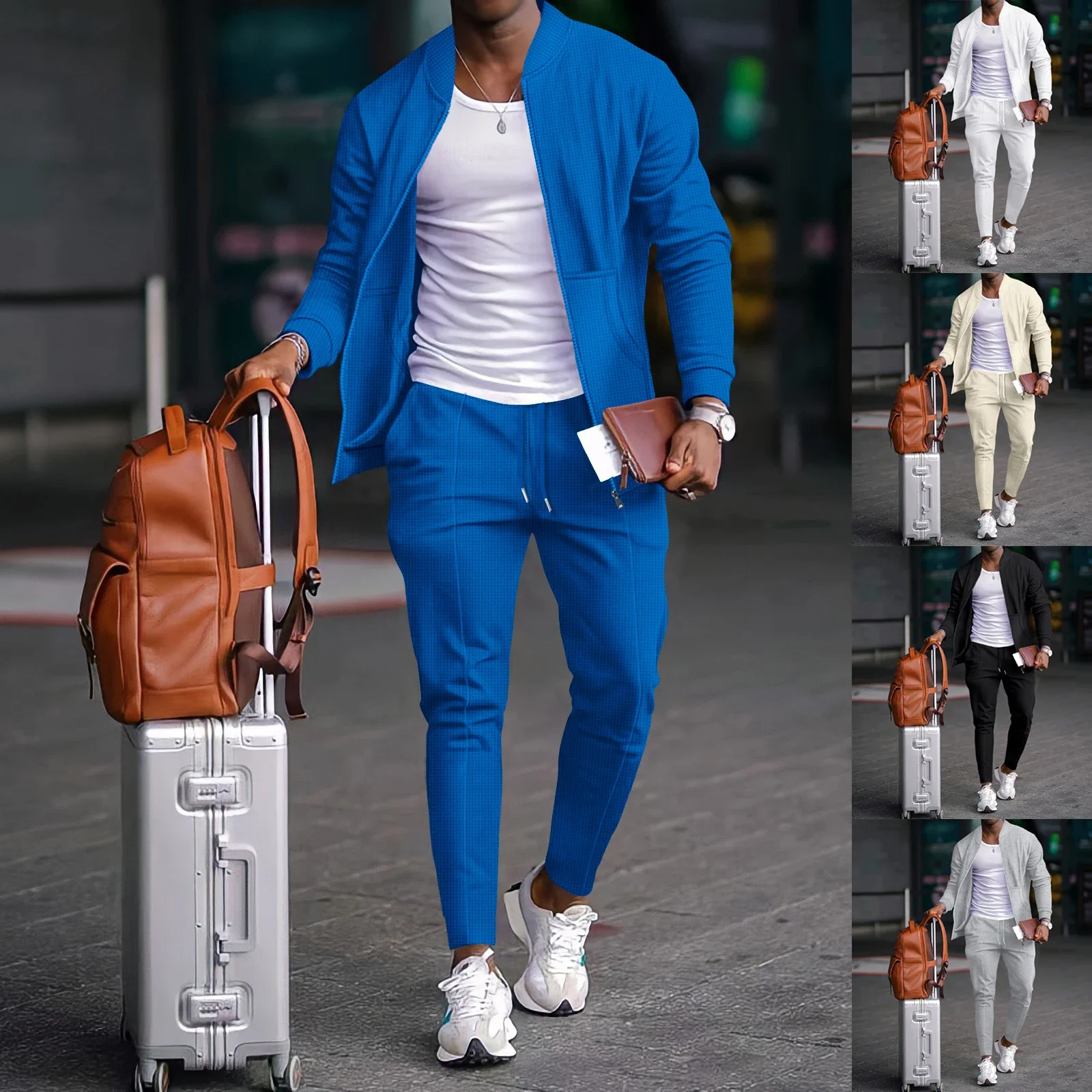 Men's Spring Casual Blazer Set Waffle Baseball Suit round Neck Zipper Long Sleeve Two-Piece Fashion Outfit with Pocket - Image 4