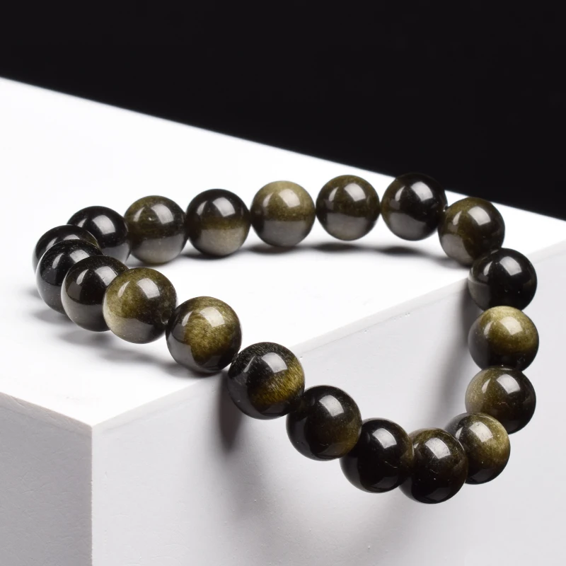 Natural Golden Obsidian Stone Beads Bracelet Men Women Golden Light Rainbow Obsidian Raw Stone Round Bead Natural Energy Jewelry - Image 2