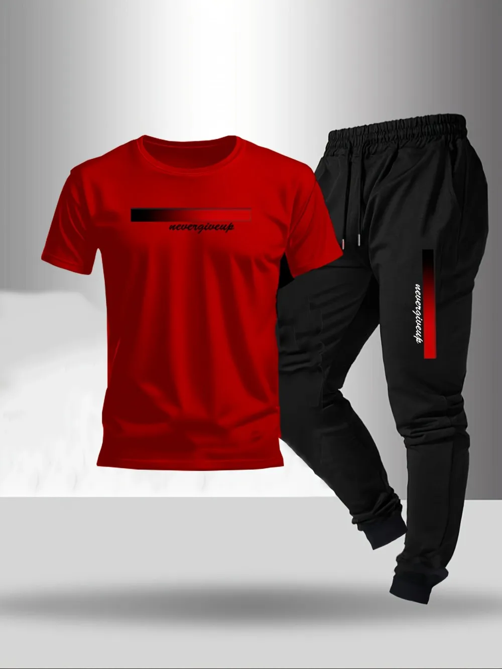 New men's fashionable letter gradient printed breathable T-shirt and drawstring pants set suitable for outdoor casual wear - Image 5